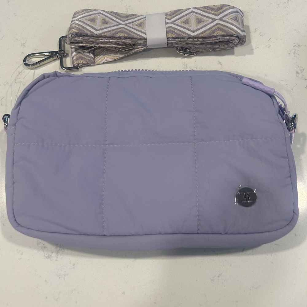 Lilac Quilted Crossbody Bag with Patterned Strap‎